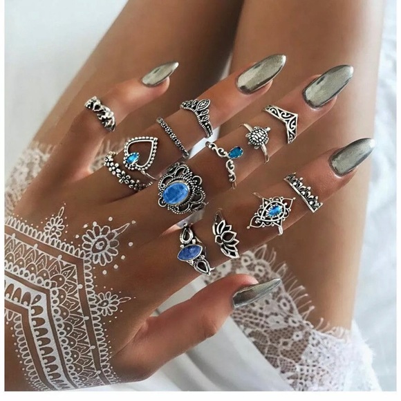 Jewelry - 13pcs Blue Finger Rings Knuckle Set Boho Jewelry
